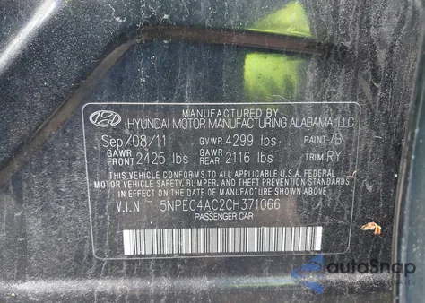 2012 Hyundai Sonata Se z USA, uszkodzony, nr VIN 5NPEC4AC2CH371066